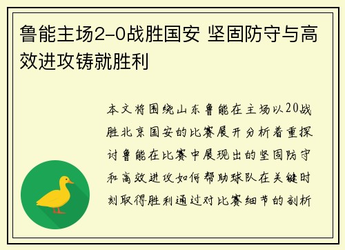 鲁能主场2-0战胜国安 坚固防守与高效进攻铸就胜利